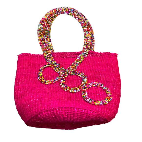 Unique gift beaded handle fuchsia pink straw raffia bag large o/s vibrant bold - Picture 1 of 6